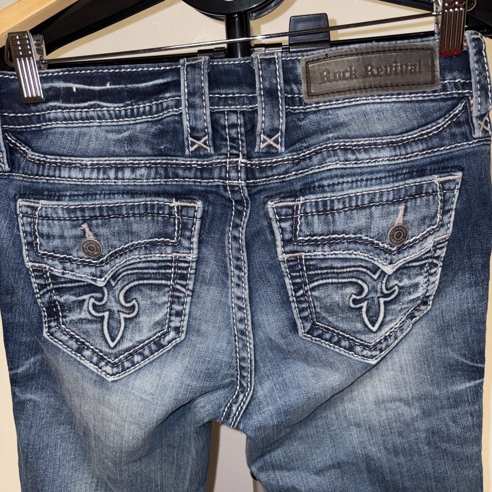 Rock Revival Bootcut Jeans Blue Denim Embellished Pockets midrise Straight sz 27
